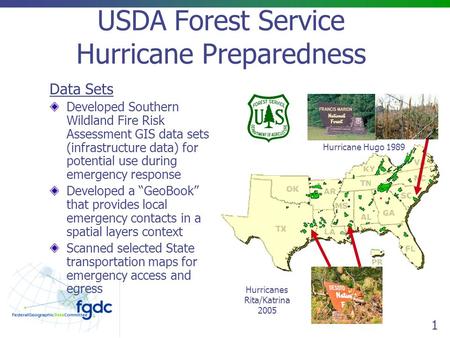 1 USDA Forest Service Hurricane Preparedness Data Sets Developed Southern Wildland Fire Risk Assessment GIS data sets (infrastructure data) for potential.