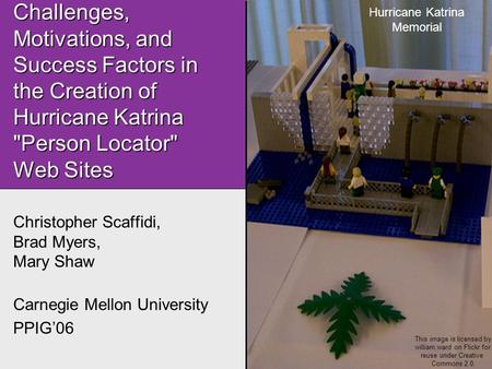 Challenges, Motivations, and Success Factors in the Creation of Hurricane Katrina Person Locator Web Sites Christopher Scaffidi, Brad Myers, Mary Shaw.