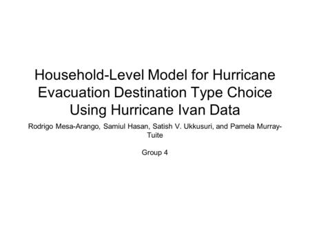 Household-Level Model for Hurricane Evacuation Destination Type Choice Using Hurricane Ivan Data Rodrigo Mesa-Arango, Samiul Hasan, Satish V. Ukkusuri,