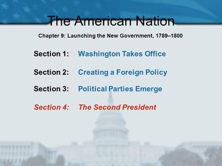 The American Nation Section 1: Washington Takes Office Section 2: Creating a Foreign Policy Section 3: Political Parties Emerge Section 4: The Second President.