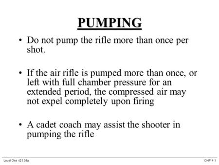 PUMPING Do not pump the rifle more than once per shot. If the air rifle is pumped more than once, or left with full chamber pressure for an extended period,