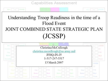 Understanding Troop Readiness in the time of a Flood Event JOINT COMBINED STATE STRATEGIC PLAN (JCSSP) Christina McCullough