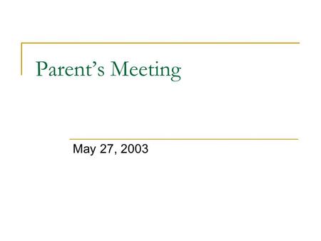 Parent’s Meeting May 27, 2003. Agenda State of the Troop Address (Mike Glor)  Status  SM Organization  Advancement Process  Scout Leadership Positions.