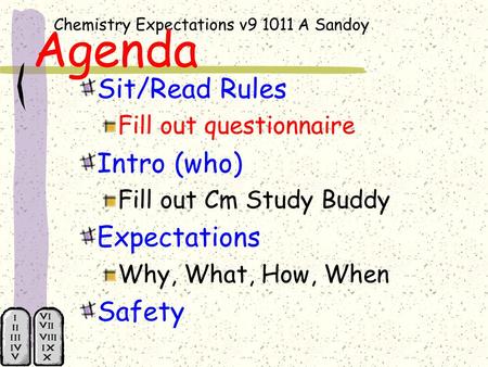 Chemistry Expectations v9 1011A Sandoy Agenda Sit/Read Rules Fill out questionnaire Intro (who) Fill out Cm Study Buddy Expectations Why, What, How, When.