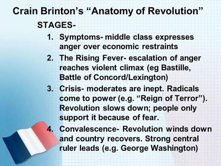 Crain Brinton’s “Anatomy of Revolution” STAGES- 1.Symptoms- middle class expresses anger over economic restraints 2.The Rising Fever- escalation of anger.