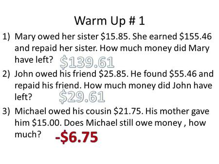Warm Up # 1 1)Mary owed her sister $15.85. She earned $155.46 and repaid her sister. How much money did Mary have left? 2)John owed his friend $25.85.