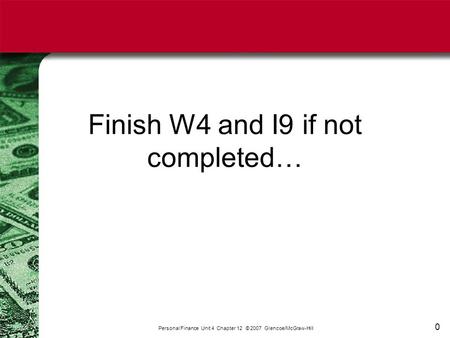 0 Finish W4 and I9 if not completed… Personal Finance Unit 4 Chapter 12 © 2007 Glencoe/McGraw-Hill.