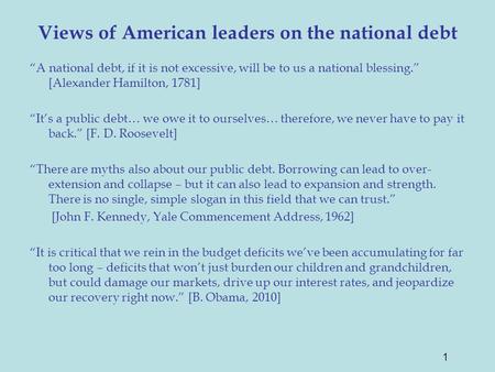 Views of American leaders on the national debt “A national debt, if it is not excessive, will be to us a national blessing.” [Alexander Hamilton, 1781]