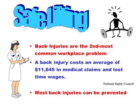 Back Injuries are the 2nd-most common workplace problem A back injury costs an average of $11,645 in medical claims and lost time wages. National Safety.