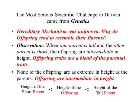 The Most Serious Scientific Challenge to Darwin came from Genetics Hereditary Mechanism was unknown. Why do Offspring tend to resemble their Parents? Observation: