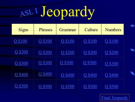 Jeopardy SignsPhrasesGrammarCultureNumbers Q $100 Q $200 Q $300 Q $400 Q $500 Q $100 Q $200 Q $300 Q $400 Q $500 Final Jeopardy ASL I.