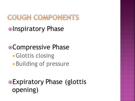  Inspiratory Phase  Compressive Phase  Glottis closing  Building of pressure  Expiratory Phase (glottis opening)