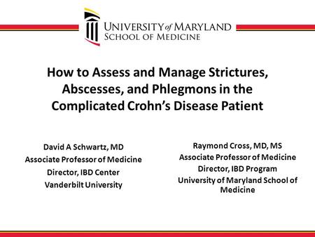 How to Assess and Manage Strictures, Abscesses, and Phlegmons in the Complicated Crohn’s Disease Patient David A Schwartz, MD Associate Professor of Medicine.