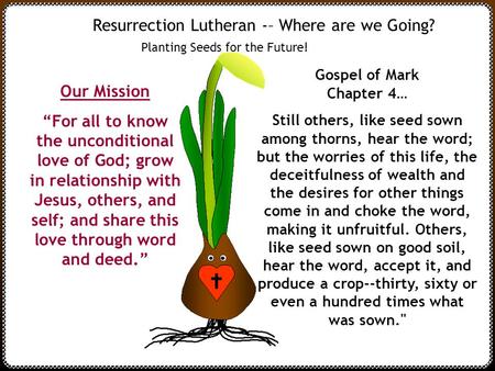 Resurrection Lutheran -– Where are we Going? Planting Seeds for the Future! Gospel of Mark Chapter 4… Still others, like seed sown among thorns, hear the.