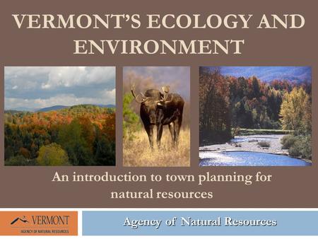 VERMONT’S ECOLOGY AND ENVIRONMENT Agency of Natural Resources An introduction to town planning for natural resources.