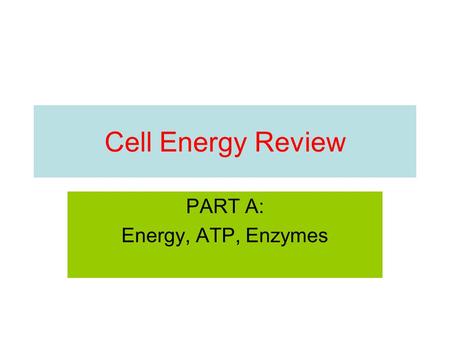 Cell Energy Review PART A: Energy, ATP, Enzymes. What is the capacity to do work? A. entrophy B. energy C. endergonic D. exergonic.