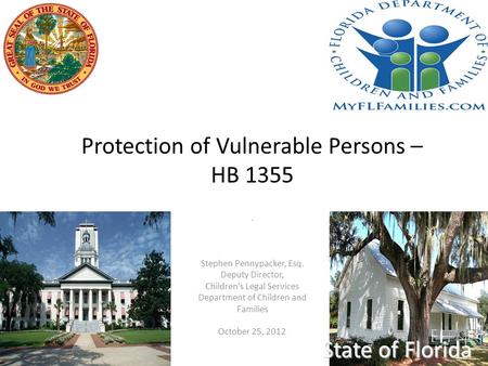 Protection of Vulnerable Persons – HB 1355 State of Florida. Stephen Pennypacker, Esq. Deputy Director, Children’s Legal Services Department of Children.
