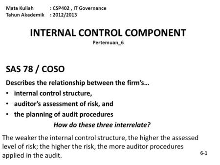 INTERNAL CONTROL COMPONENT Pertemuan_6 Mata Kuliah: CSP402, IT Governance Tahun Akademik : 2012/2013 SAS 78 / COSO Describes the relationship between the.