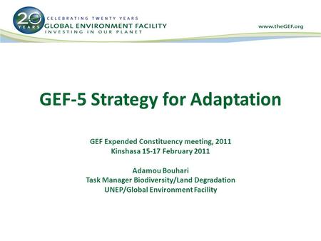 GEF-5 Strategy for Adaptation GEF Expended Constituency meeting, 2011 Kinshasa 15-17 February 2011 Adamou Bouhari Task Manager Biodiversity/Land Degradation.