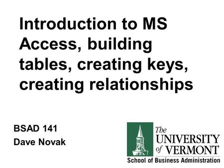 Introduction to MS Access, building tables, creating keys, creating relationships BSAD 141 Dave Novak.