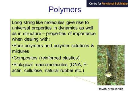 Polymers Long string like molecules give rise to universal properties in dynamics as well as in structure – properties of importance when dealing with: