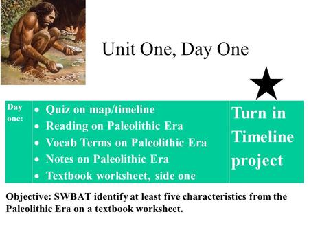Unit One, Day One Turn in Timeline project Quiz on map/timeline