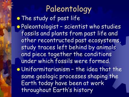 Paleontology The study of past life
