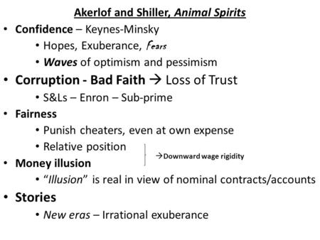 Akerlof and Shiller, Animal Spirits Confidence – Keynes-Minsky Hopes, Exuberance, Fears Waves of optimism and pessimism Corruption - Bad Faith  Loss of.