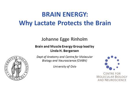 BRAIN ENERGY: Why Lactate Protects the Brain Johanne Egge Rinholm Brain and Muscle Energy Group lead by Linda H. Bergersen Dept of Anatomy and Centre for.