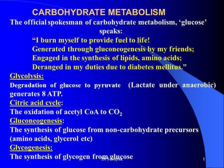 CARBOHYDRATE METABOLISM The official spokesman of carbohydrate metabolism, ‘glucose’ speaks: “I burn myself to provide fuel to life! Generated through.