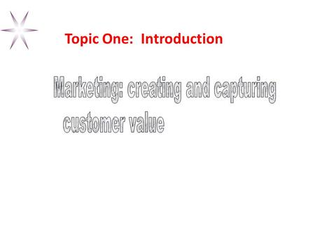 Topic One: Introduction Objectives Course Organization Tasks of Marketing Major Concepts & Tools of Marketing Marketplace Orientations Marketing’s Responses.
