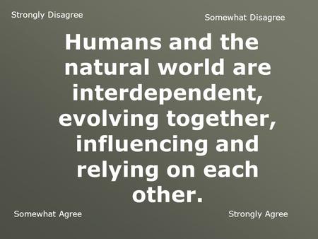Strongly Disagree Somewhat Disagree Strongly AgreeSomewhat Agree Humans and the natural world are interdependent, evolving together, influencing and relying.