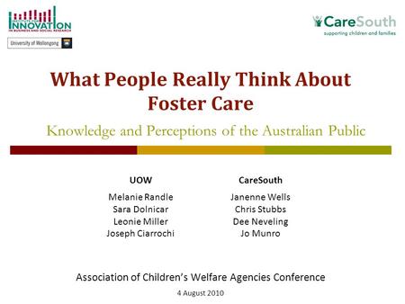 1 What People Really Think About Foster Care Association of Children’s Welfare Agencies Conference 4 August 2010 Knowledge and Perceptions of the Australian.