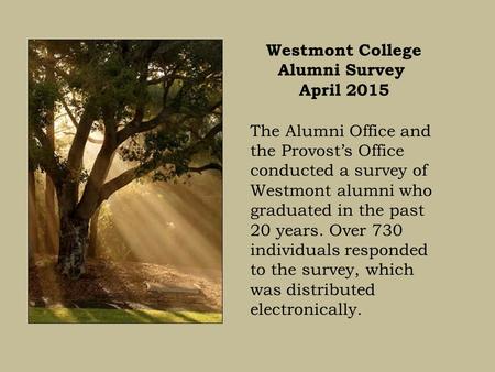 Westmont College Alumni Survey April 2015 The Alumni Office and the Provost’s Office conducted a survey of Westmont alumni who graduated in the past 20.