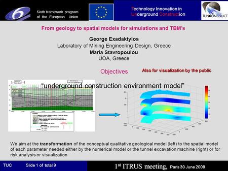 1 st ITRUS meeting, 1 st ITRUS meeting, Paris 30 June 2009 TUC Slide 1 of total 9 Technology Innovation in Underground Construction Sixth framework program.