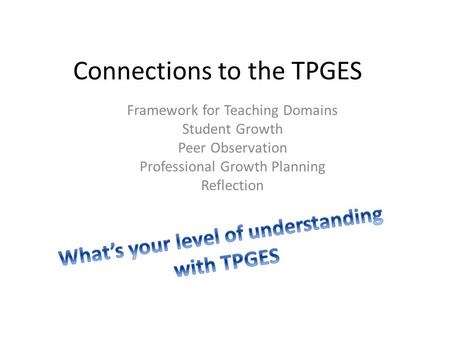 Connections to the TPGES Framework for Teaching Domains Student Growth Peer Observation Professional Growth Planning Reflection.