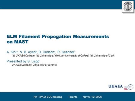 ELM Filament Propogation Measurements on MAST A. Kirk a, N. B. Ayed b, B. Dudson c, R. Scannel d (a) UKAEA Culham, (b) University of York, (c) University.
