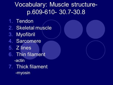 Vocabulary: Muscle structure- p.609-610- 30.7-30.8 1.Tendon 2.Skeletal muscle 3.Myofibril 4.Sarcomere 5.Z lines 6.Thin filament -actin 7.Thick filament.