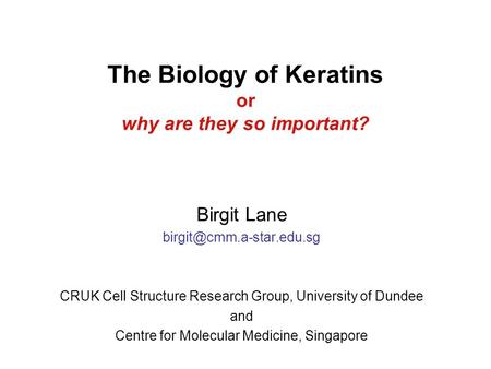 The Biology of Keratins or why are they so important? Birgit Lane CRUK Cell Structure Research Group, University of Dundee and.