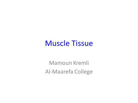 Muscle Tissue Mamoun Kremli Al-Maarefa College. Objectives Identify basic structure of Muscles Recognize types of muscular tissues and the difference.