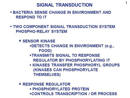1 SIGNAL TRANSDUCTION BACTERIA SENSE CHANGE IN ENVIRONMENT AND 			RESPOND TO IT TWO COMPONENT SIGNAL TRANSDUCTION SYSTEM PHOSPHO-RELAY SYSTEM SENSOR KINASE.