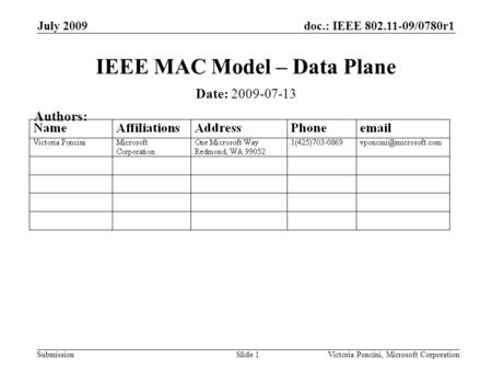 Doc.: IEEE 802.11-09/0780r1 Submission July 2009 Victoria Poncini, Microsoft CorporationSlide 1 IEEE MAC Model – Data Plane Date: 2009-07-13 Authors: