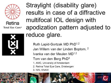 Straylight (disability glare) results in case of a diffractive multifocal IOL design with apodization pattern adjusted to reduce glare. Ruth Lapid-Gortzak.