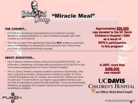 Entercomsacramento.com “Miracle Meal” THE CONCEPT… FUSION has developed a promotional tie-in to Entercom’s annual Radiothon event benefiting the UC Davis.