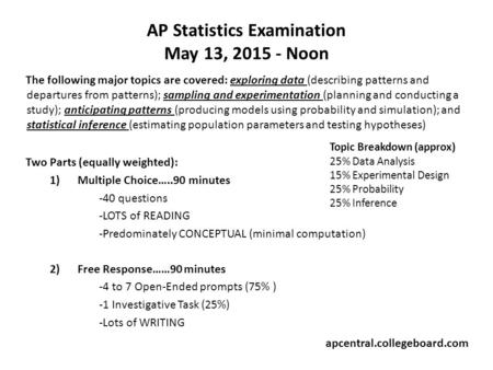 AP Statistics Examination May 13, 2015 - Noon The following major topics are covered: exploring data (describing patterns and departures from patterns);