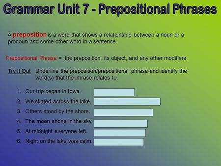 Grammar Unit 7 - Prepositional Phrases