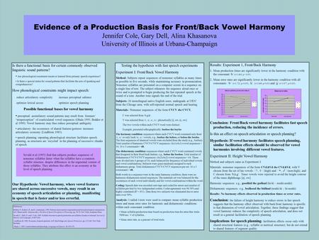 Evidence of a Production Basis for Front/Back Vowel Harmony Jennifer Cole, Gary Dell, Alina Khasanova University of Illinois at Urbana-Champaign Is there.