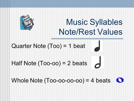 Music Syllables Note/Rest Values Quarter Note (Too) = 1 beat Half Note (Too-oo) = 2 beats Whole Note (Too-oo-oo-oo) = 4 beats.