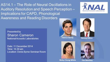 AS14.1 – The Role of Neural Oscillations in Auditory Resolution and Speech Perception – Implications for CAPD, Phonological Awareness and Reading Disorders.