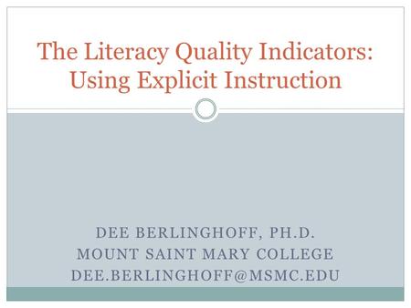 DEE BERLINGHOFF, PH.D. MOUNT SAINT MARY COLLEGE The Literacy Quality Indicators: Using Explicit Instruction.